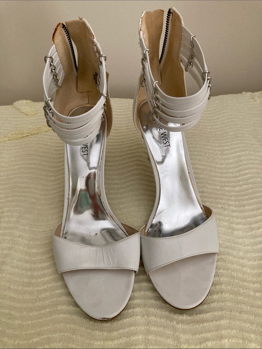 Nine West White Ankle-Strap Open-Toe Heels with Silver Insole